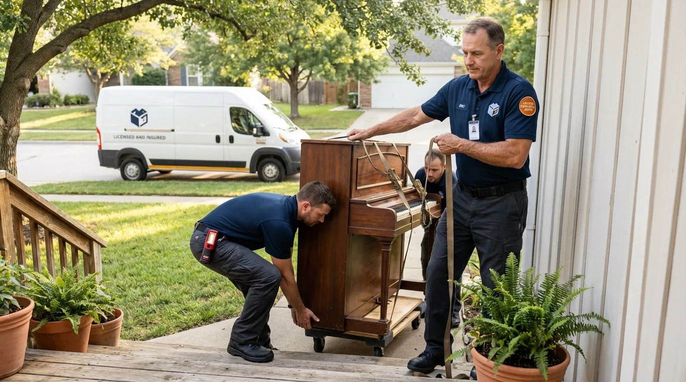 Licensed piano movers securing grand piano in Brillion, WI