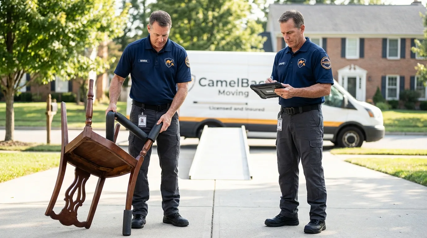 Movers inspecting furniture for damage prevention before loading in Brillion, WI