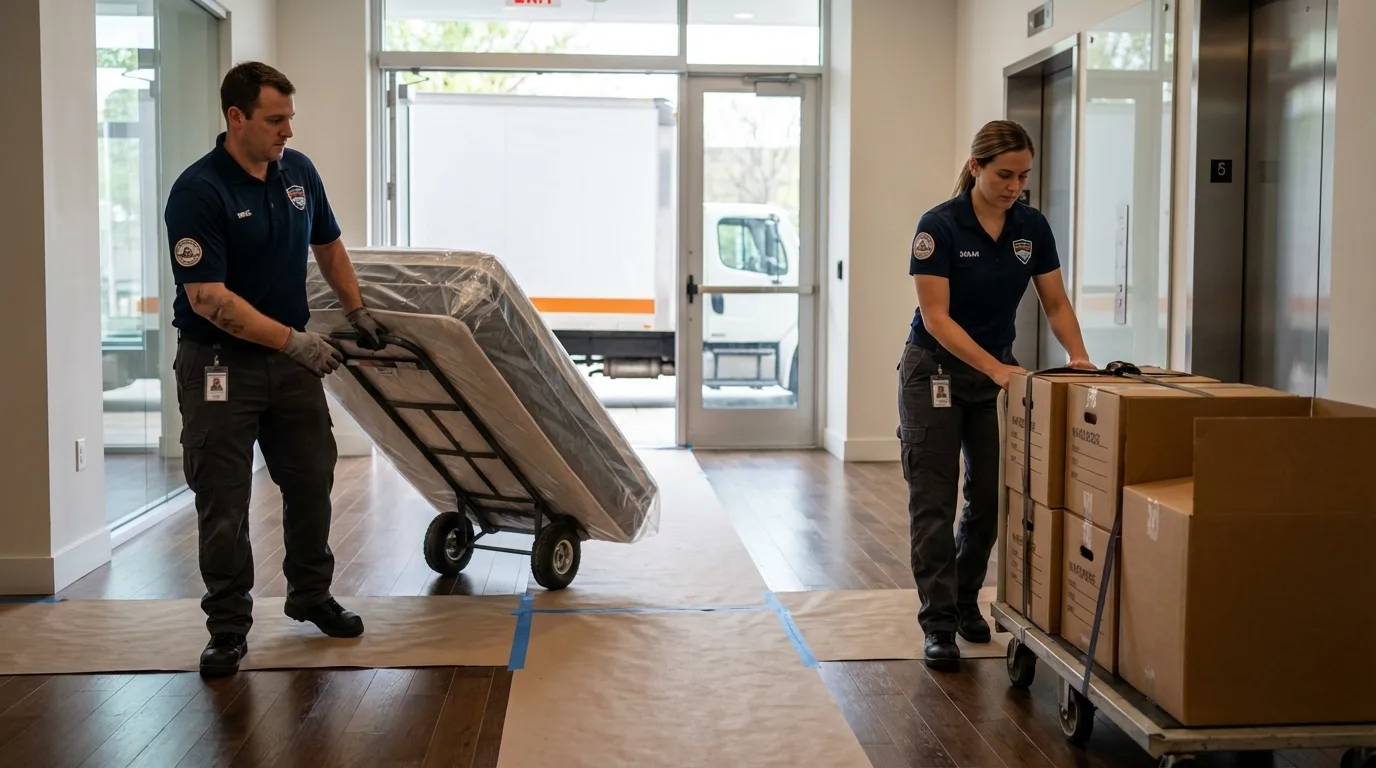 Professional apartment movers loading elevator in Brillion, WI
